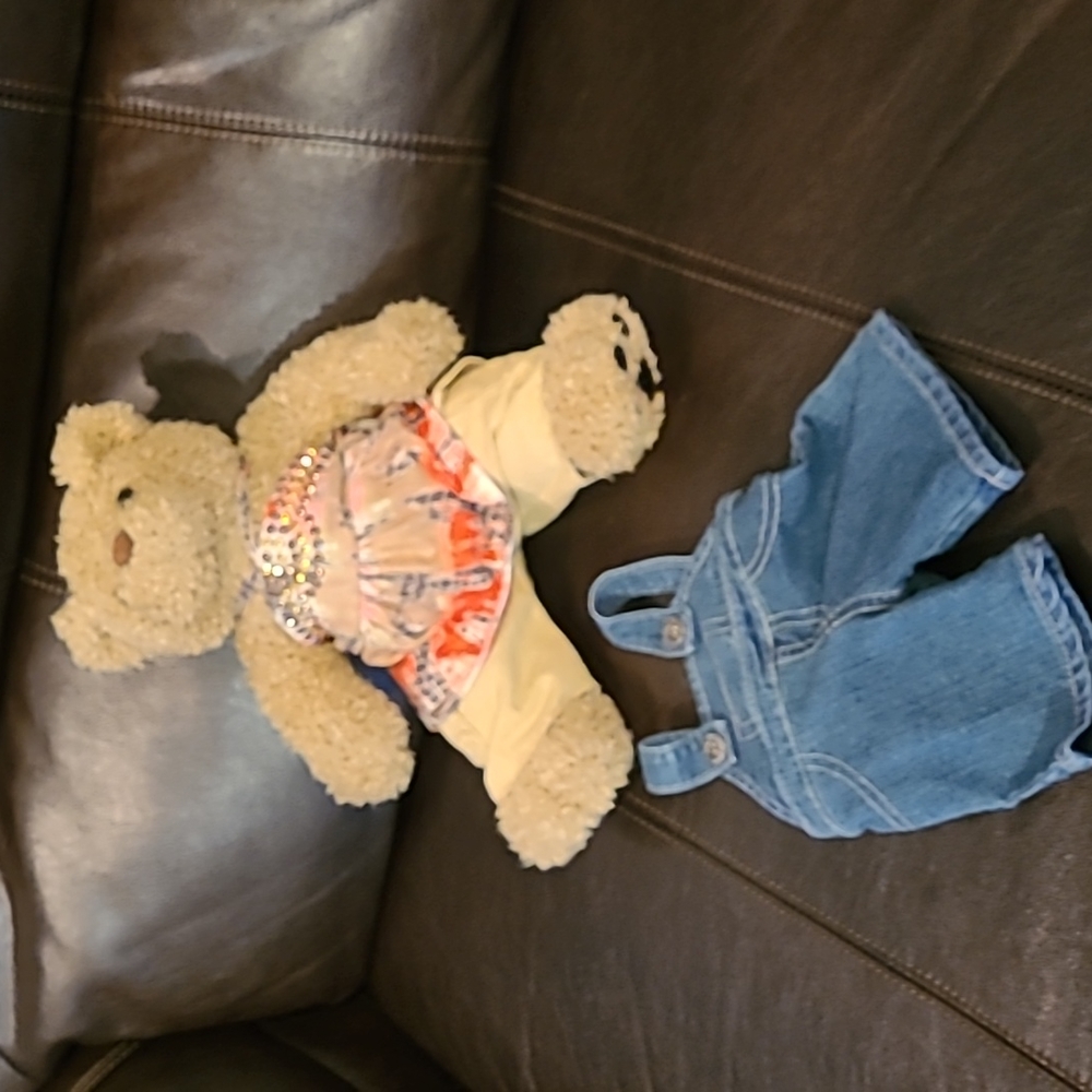 Build-a-Bear Teddy with jeans bibs & khakis with Justice halter top